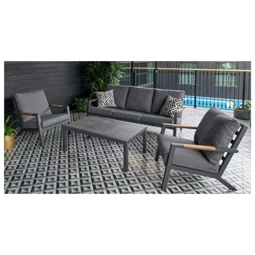 Melton Craft Venus Deep Seat Setting 4pc, Teak Arms, Rectangular Coffee Table - Charcoal